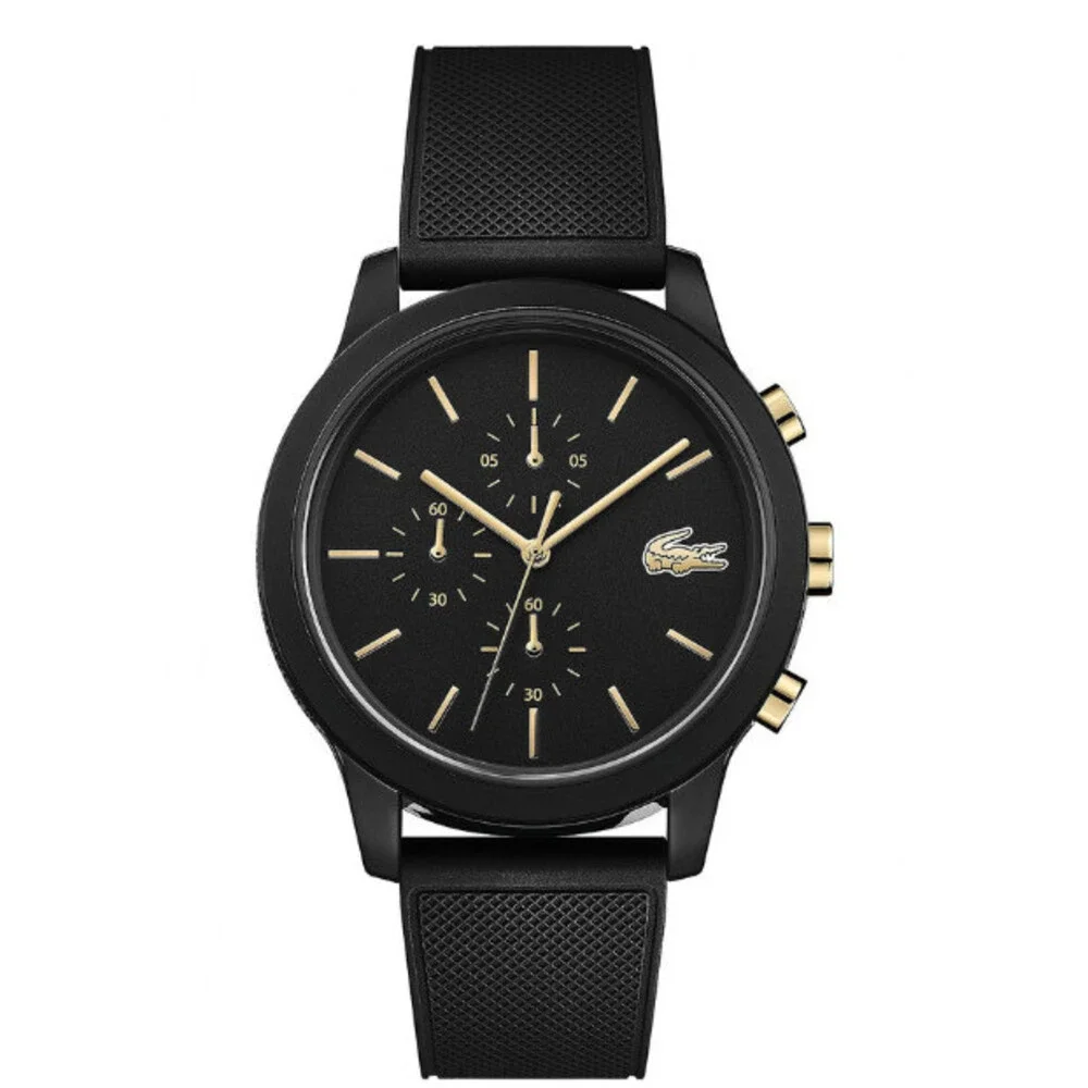 LACOSTE 2011012 12.12 BLACK CHRONGRAPH DIAL BLACK SILICONE STRAP MENS WATCH
